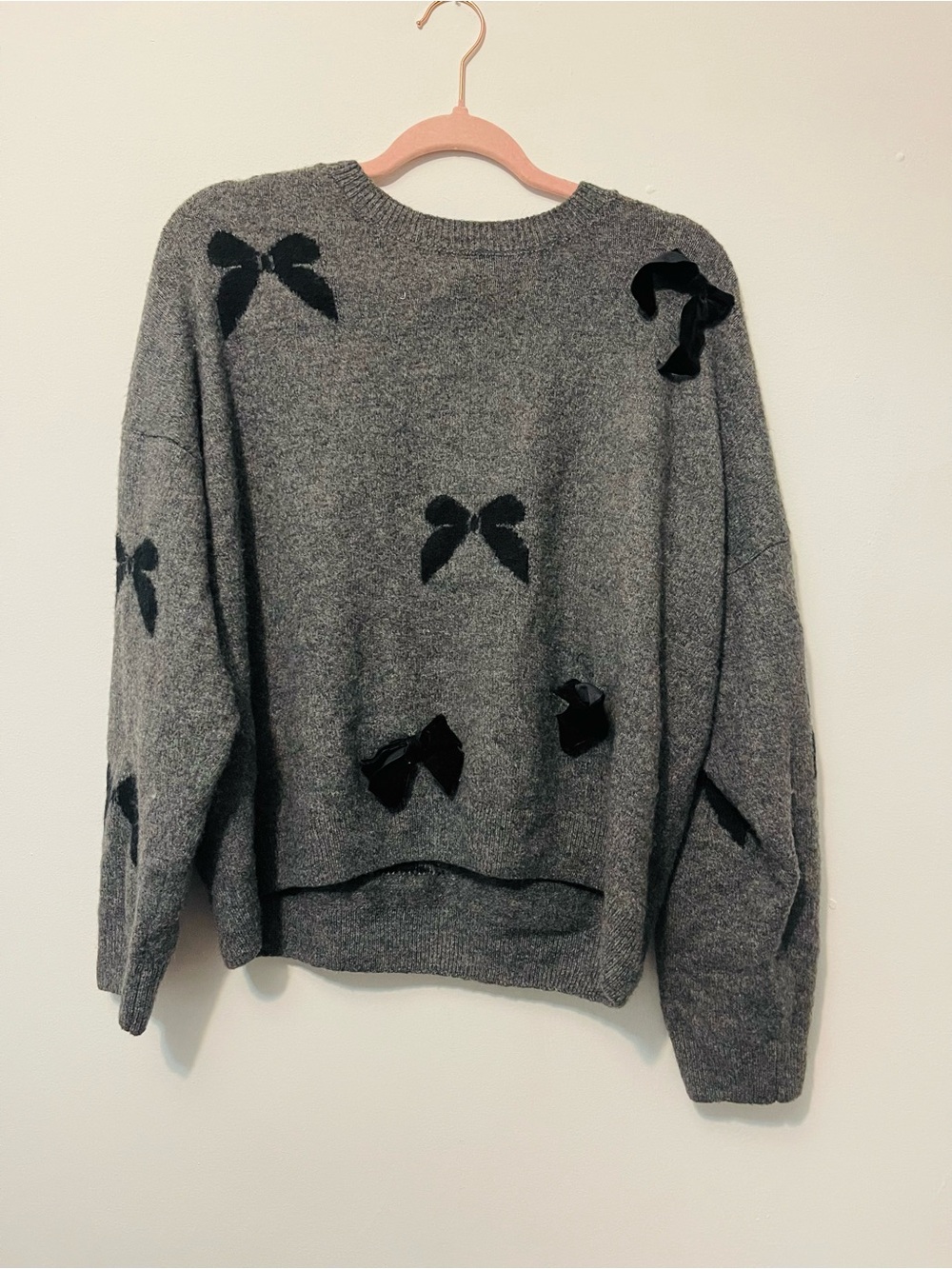 CeCe Gray Crewneck Sweater with Black Bow Accents